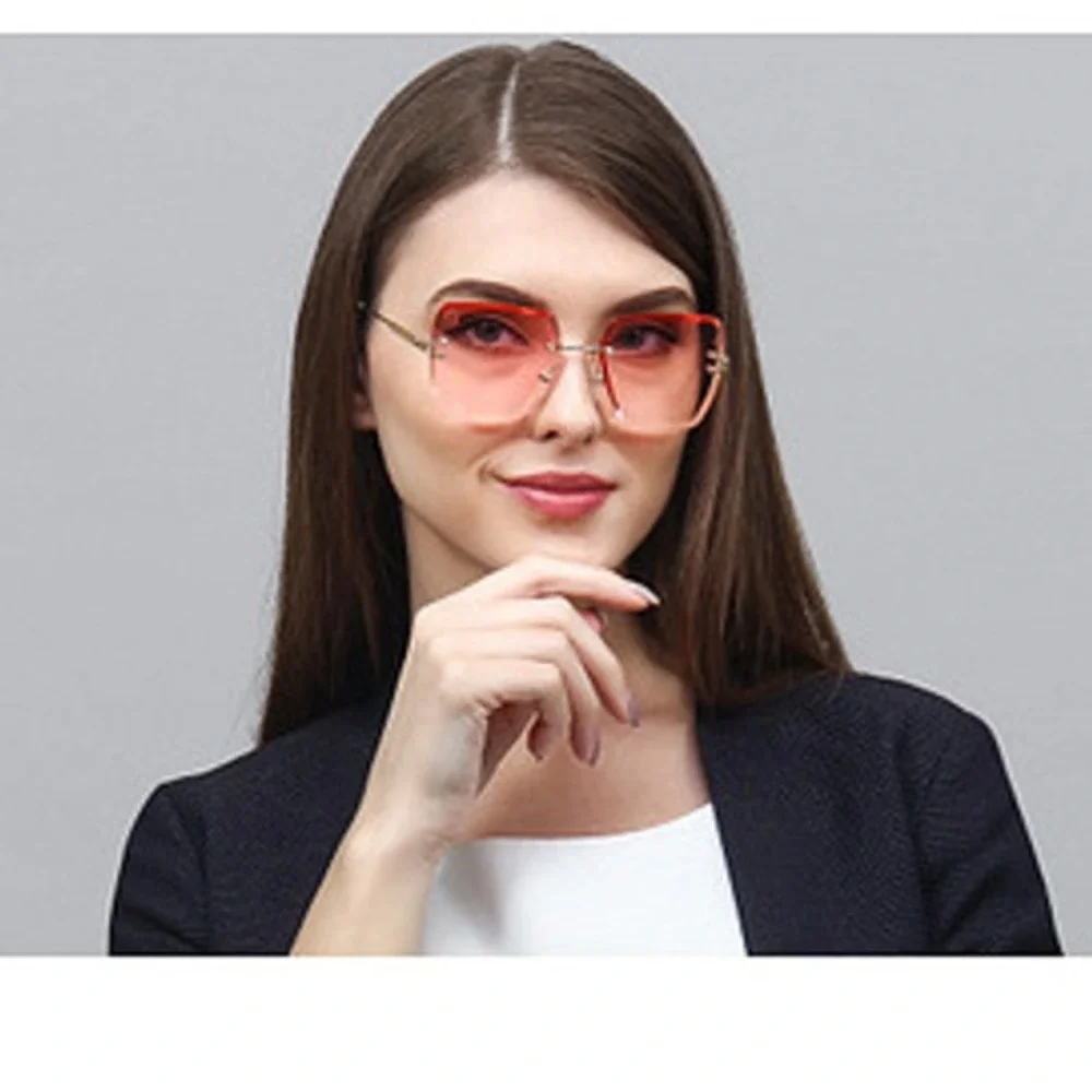 Rimless Sunglasses‎ Women Fashion Pink Lens Trendy Elegant Gold Accents Lentes